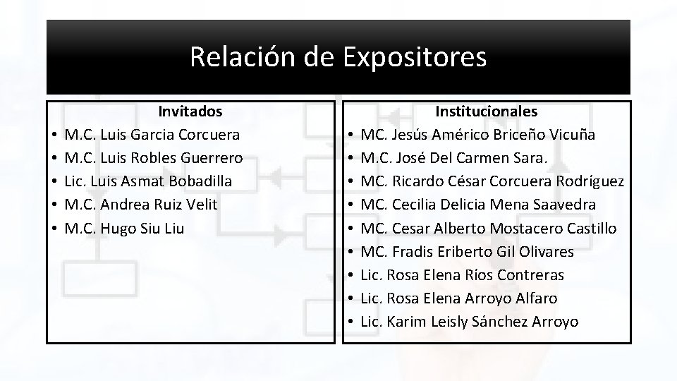 Relación de Expositores • • • Invitados M. C. Luis Garcia Corcuera M. C.
