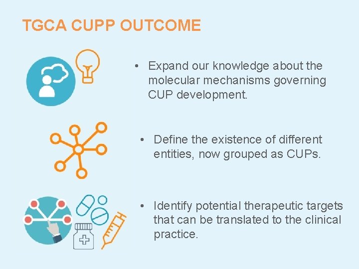 TGCA CUPP OUTCOME • Expand our knowledge about the molecular mechanisms governing CUP development.