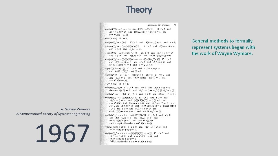 Theory General methods to formally represent systems began with the work of Wayne Wymore.