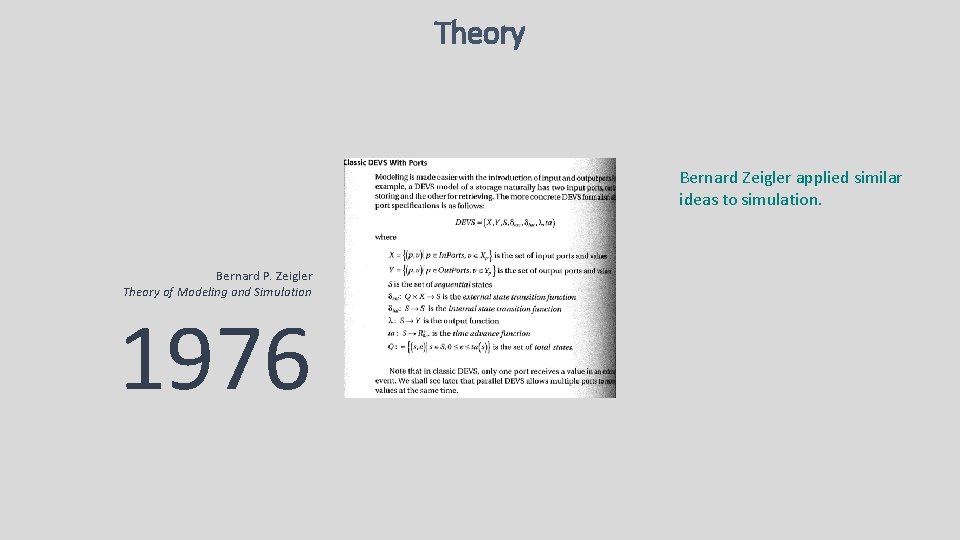 Theory Bernard Zeigler applied similar ideas to simulation. Bernard P. Zeigler Theory of Modeling