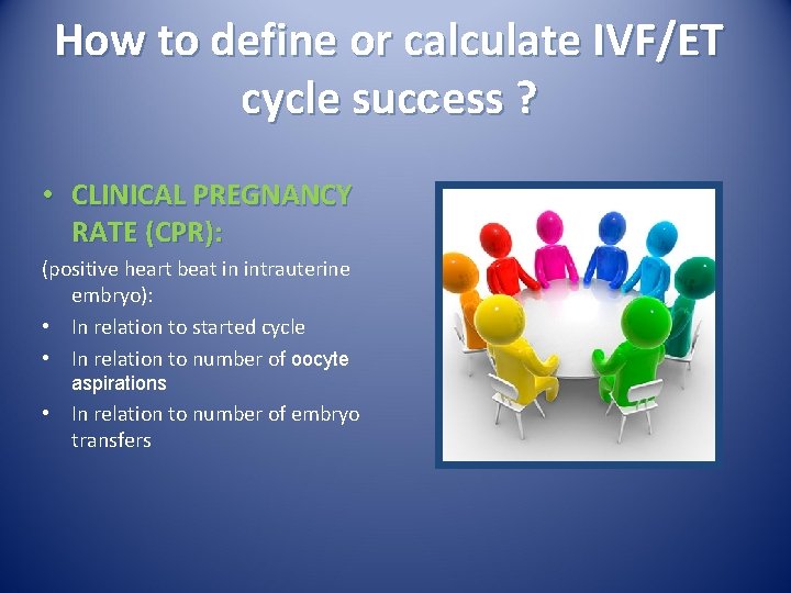 How to define or calculate IVF/ET cycle success ? • CLINICAL PREGNANCY RATE (CPR): How to define or calculate IVF/ET cycle success ? • CLINICAL PREGNANCY RATE (CPR):