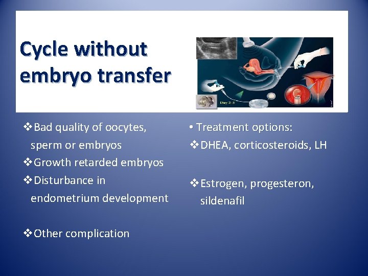 Cycle without embryo transfer v. Bad quality of oocytes, sperm or embryos v. Growth Cycle without embryo transfer v. Bad quality of oocytes, sperm or embryos v. Growth