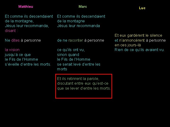 Matthieu Et comme ils descendaient de la montagne, Jésus leur recommanda, disant : Marc