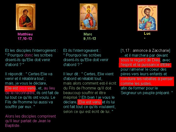 Matthieu 17, 10 -13 Et les disciples l'interrogèrent : " Pourquoi donc les scribes