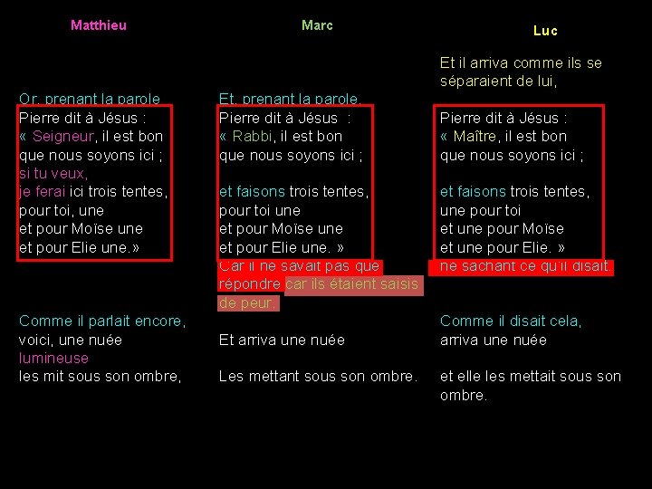 Matthieu Marc Luc Et il arriva comme ils se séparaient de lui, Or, prenant