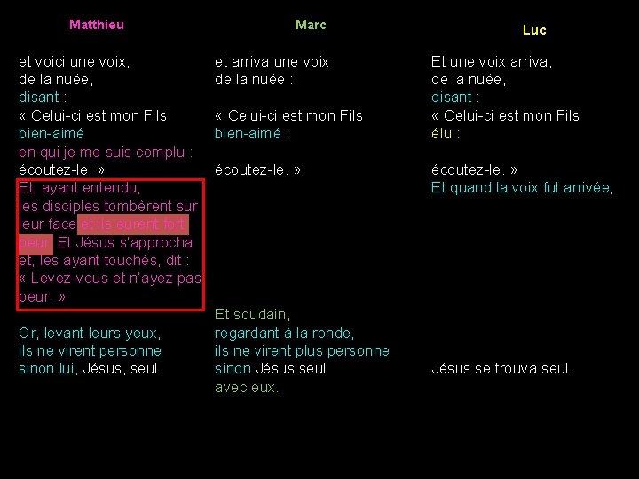 Matthieu et voici une voix, de la nuée, disant : « Celui-ci est mon