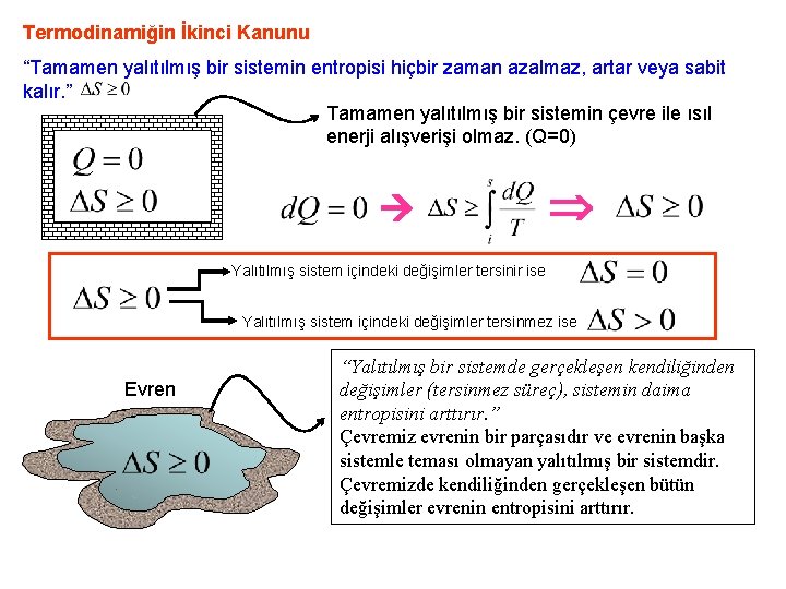 Termodinamiğin İkinci Kanunu “Tamamen yalıtılmış bir sistemin entropisi hiçbir zaman azalmaz, artar veya sabit