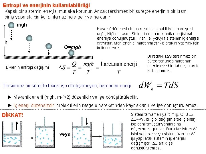 Entropi ve enerjinin kullanılabilirliği Kapalı bir sistemin enerjisi mutlaka korunur. Ancak tersinmez bir süreçte