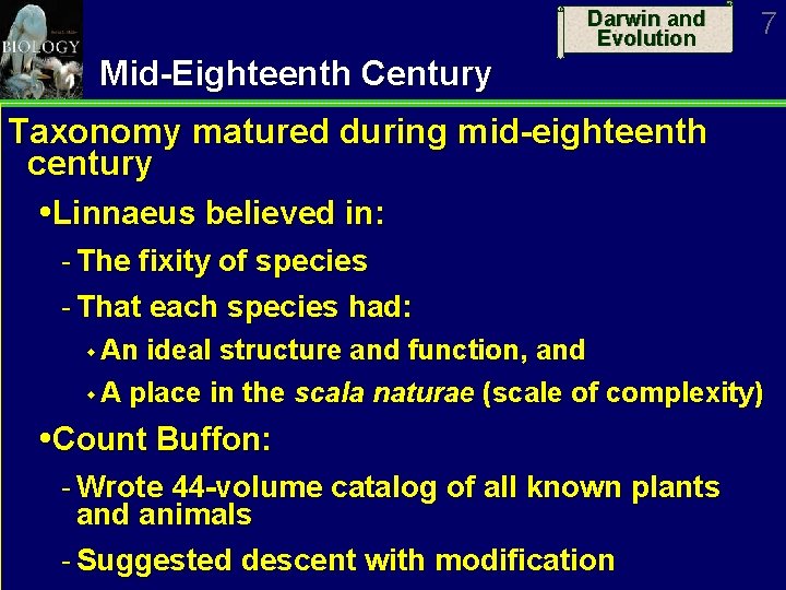 Darwin and Evolution 7 Mid-Eighteenth Century Taxonomy matured during mid-eighteenth century Linnaeus believed in: