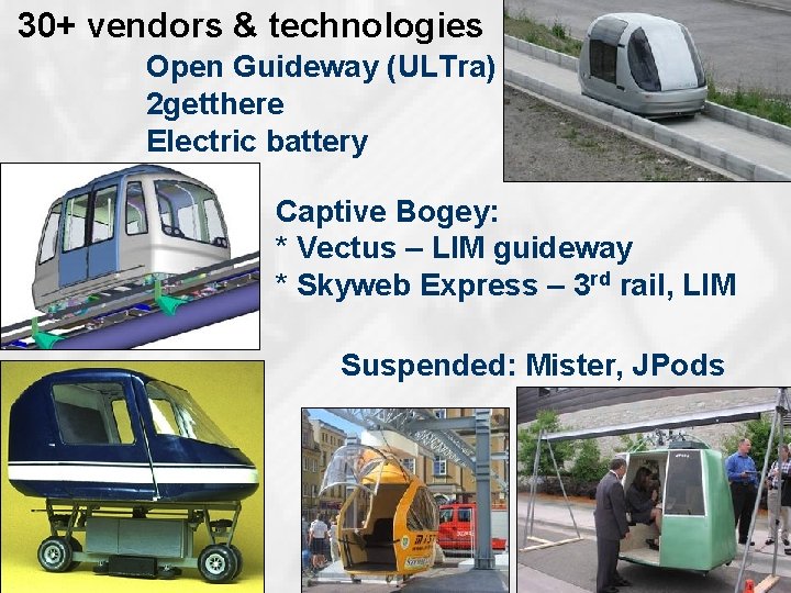 30+ vendors & technologies Open Guideway (ULTra) 2 getthere Electric battery Captive Bogey: *