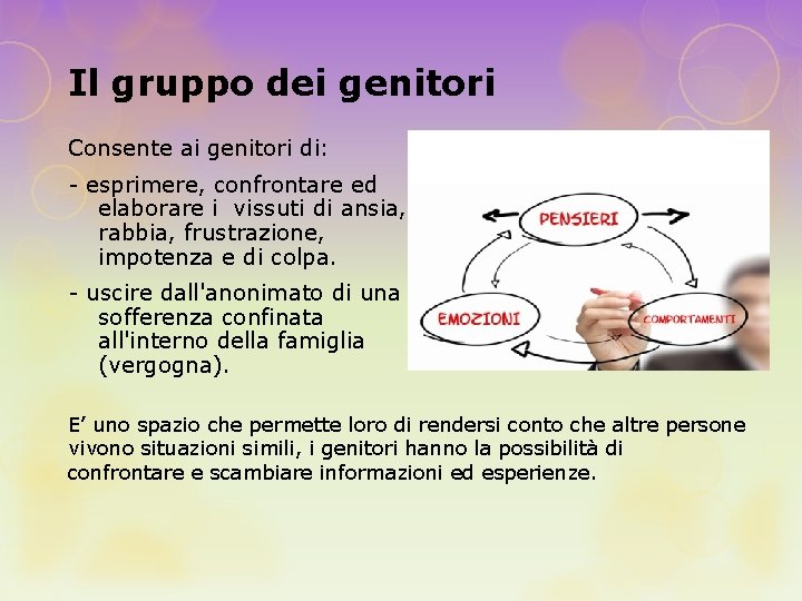  Il gruppo dei genitori Consente ai genitori di: - esprimere, confrontare ed elaborare