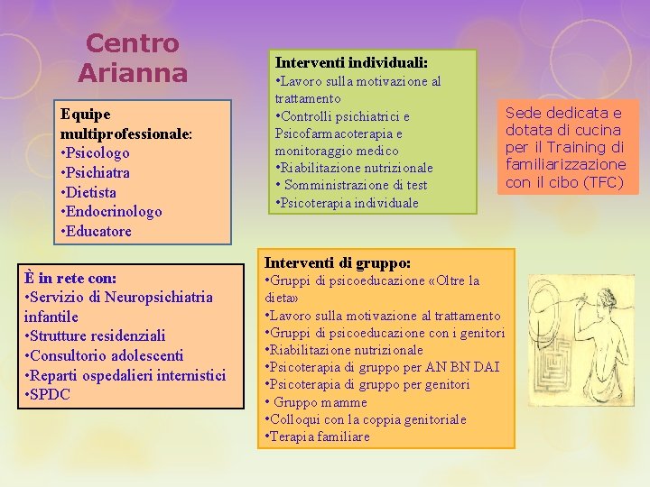 Centro Arianna Equipe multiprofessionale: • Psicologo • Psichiatra • Dietista • Endocrinologo • Educatore