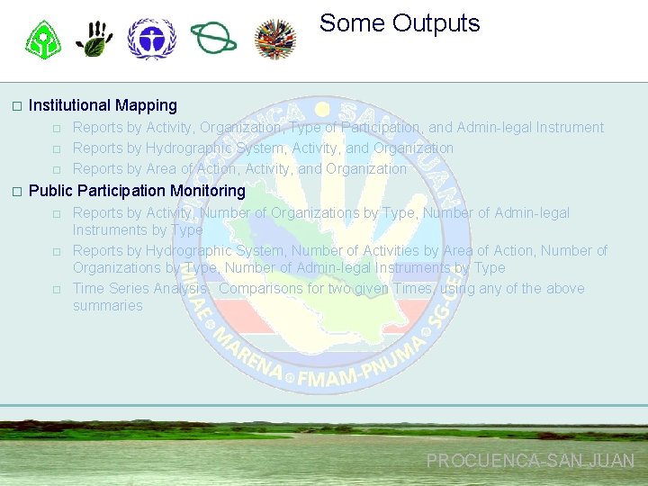 Some Outputs o Institutional Mapping o o Reports by Activity, Organization, Type of Participation,