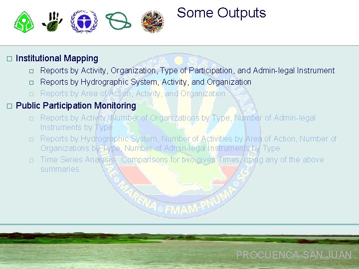 Some Outputs o Institutional Mapping o o Reports by Activity, Organization, Type of Participation,