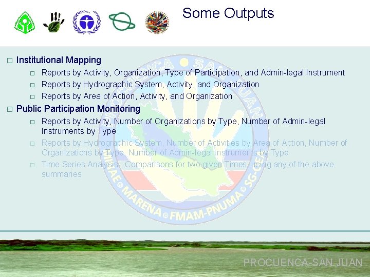 Some Outputs o Institutional Mapping o o Reports by Activity, Organization, Type of Participation,