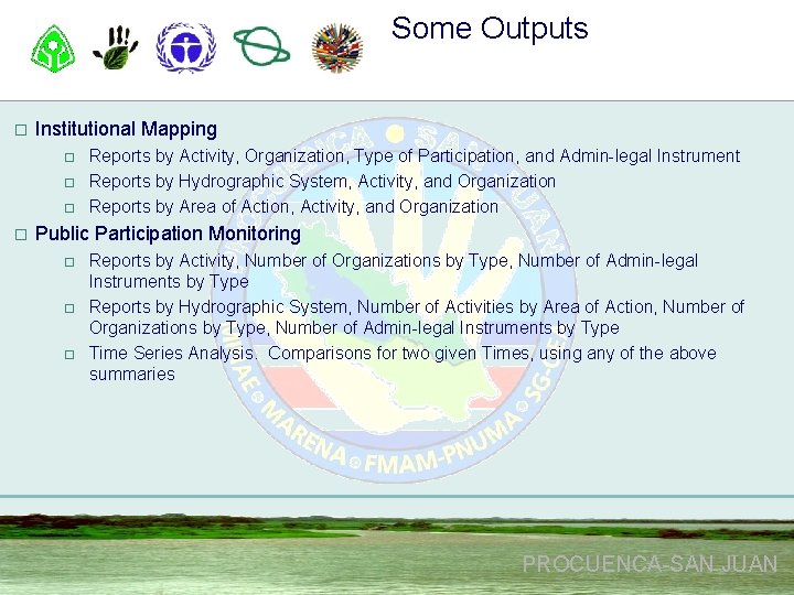 Some Outputs o Institutional Mapping o o Reports by Activity, Organization, Type of Participation,