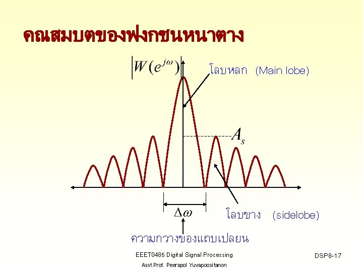 คณสมบตของฟงกชนหนาตาง โลบหลก (Main lobe) โลบขาง (sidelobe) ความกวางของแถบเปลยน EEET 0485 Digital Signal Processing Asst. Prof.