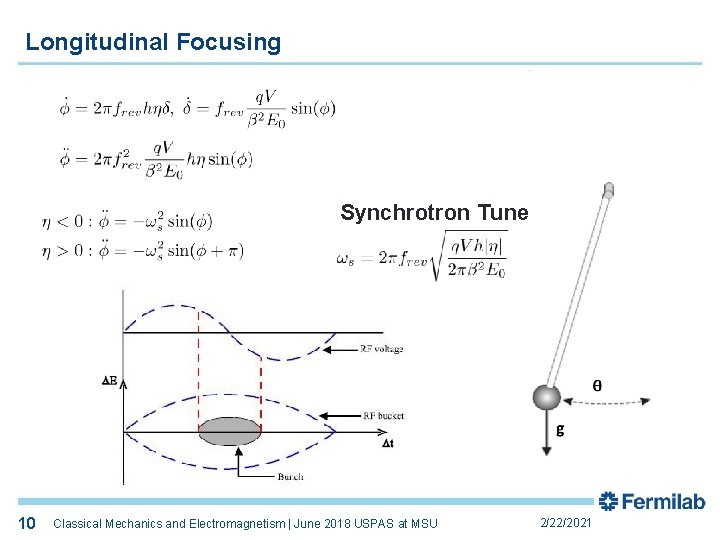 Longitudinal Focusing Synchrotron Tune 10 10 Classical Mechanics and Electromagnetism | June 2018 USPAS