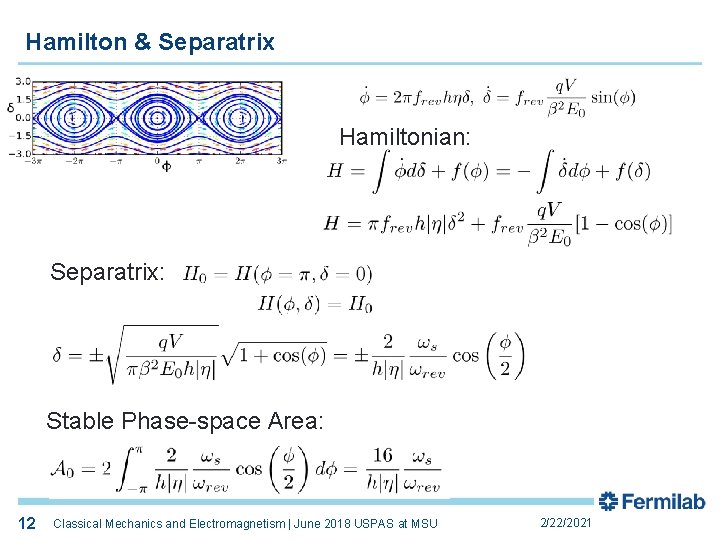 Hamilton & Separatrix Hamiltonian: Separatrix: Stable Phase-space Area: 12 12 Classical Mechanics and Electromagnetism