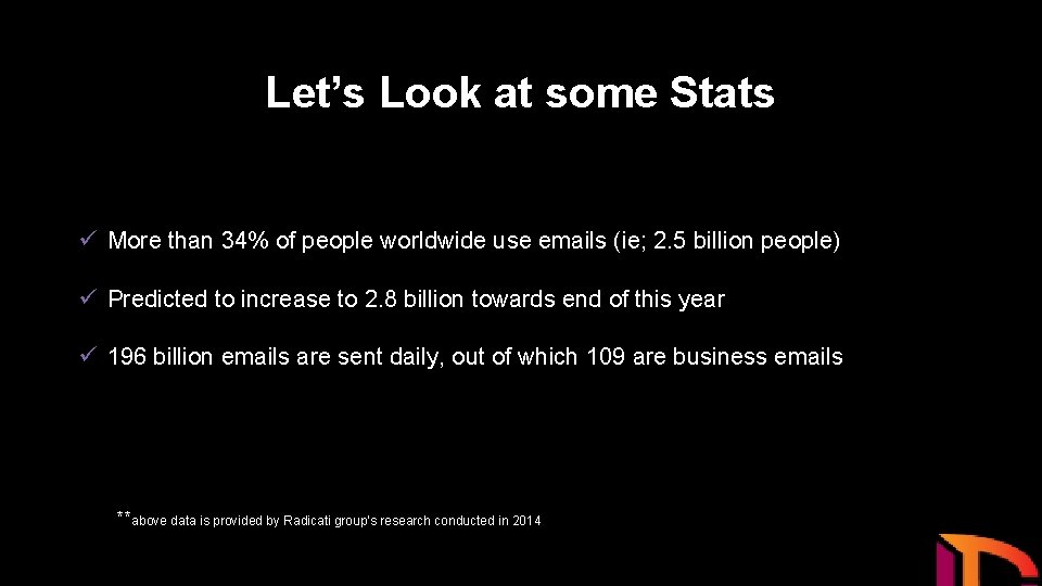 Let’s Look at some Stats ü More than 34% of people worldwide use emails