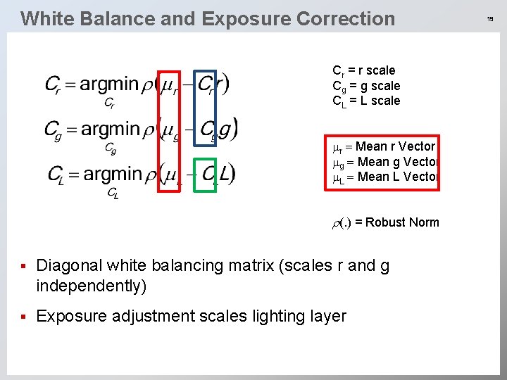 White Balance and Exposure Correction Cr = r scale Cg = g scale CL