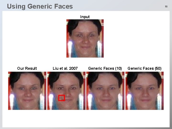 Using Generic Faces 32 Input Our Result Liu et al. 2007 Generic Faces (10)