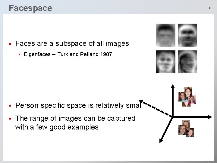 Facespace § Faces are a subspace of all images § Eigenfaces -- Turk and