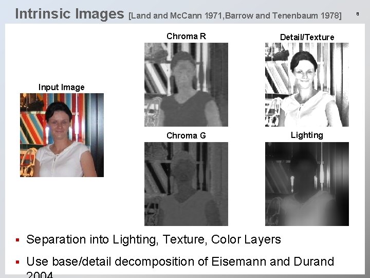 Intrinsic Images [Land Mc. Cann 1971, Barrow and Tenenbaum 1978] Chroma R Detail/Texture Chroma
