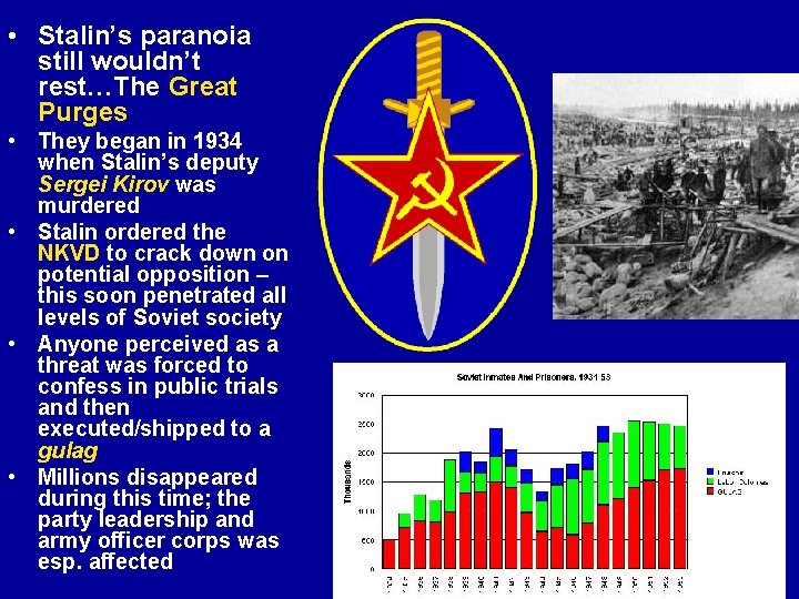  • Stalin’s paranoia still wouldn’t rest…The Great Purges • They began in 1934