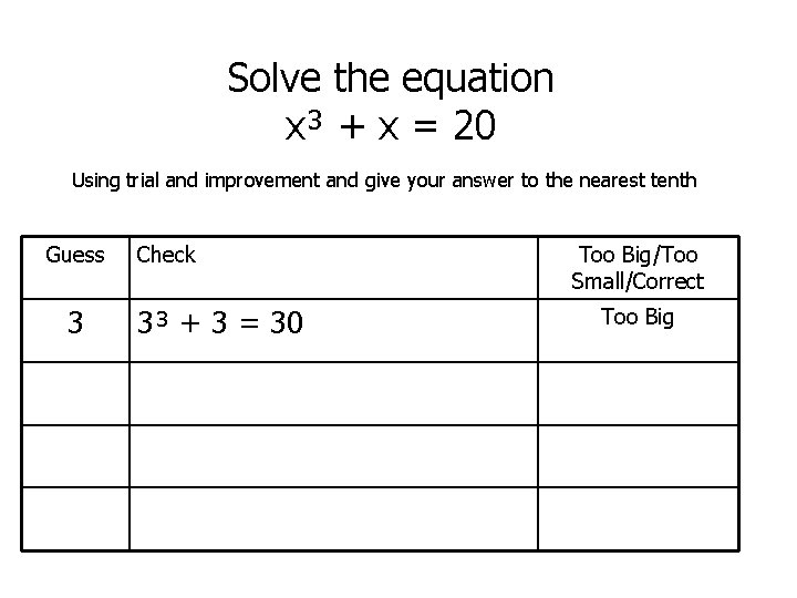 Solve the equation x³ + x = 20 Using trial and improvement and give