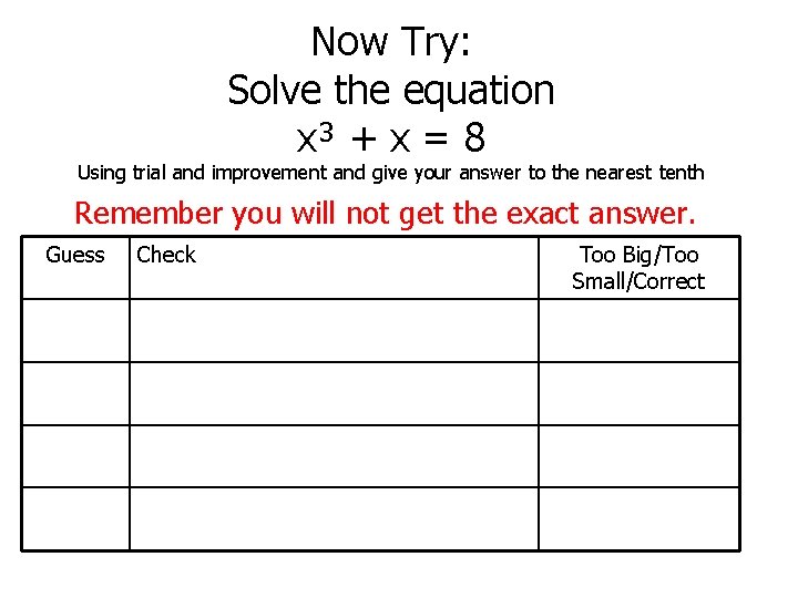 Now Try: Solve the equation x³ + x = 8 Using trial and improvement