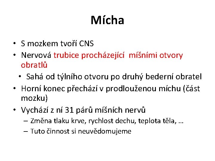 Mícha • S mozkem tvoří CNS • Nervová trubice procházející míšními otvory obratlů •