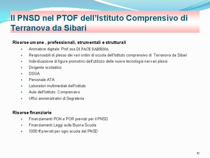 Il PNSD nel PTOF dell’Istituto Comprensivo di Terranova da Sibari Risorse umane , professionali,