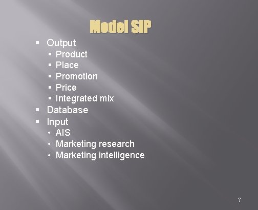 Model SIP § Output § Product § Place § Promotion § Price § Integrated