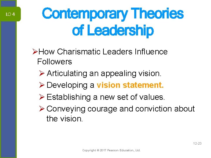 LO 4 Contemporary Theories of Leadership ØHow Charismatic Leaders Influence Followers Ø Articulating an