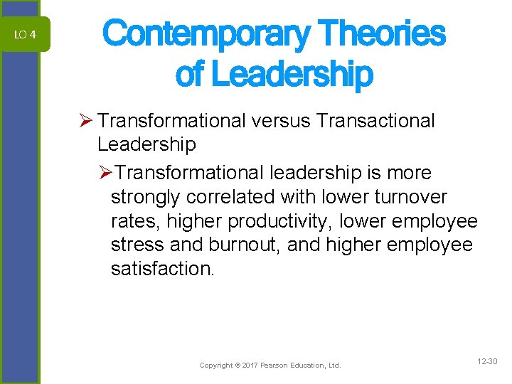LO 4 Contemporary Theories of Leadership Ø Transformational versus Transactional Leadership ØTransformational leadership is