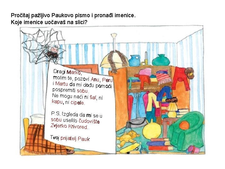 Pročitaj pažljivo Paukovo pismo i pronađi imenice. Koje imenice uočavaš na slici? Dragi Marko,