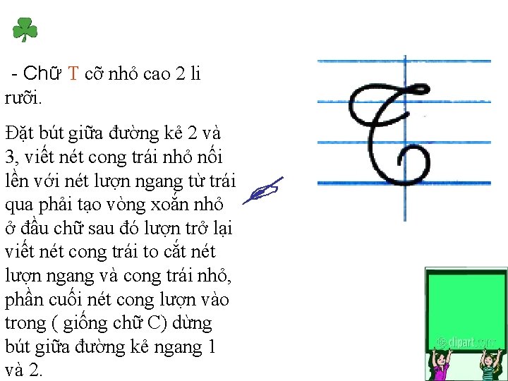 - Chữ T cỡ nhỏ cao 2 li rưỡi. Đặt bút giữa đường kẻ