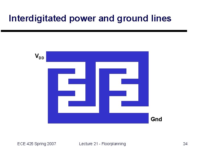 Interdigitated power and ground lines VDD Gnd ECE 425 Spring 2007 Lecture 21 -