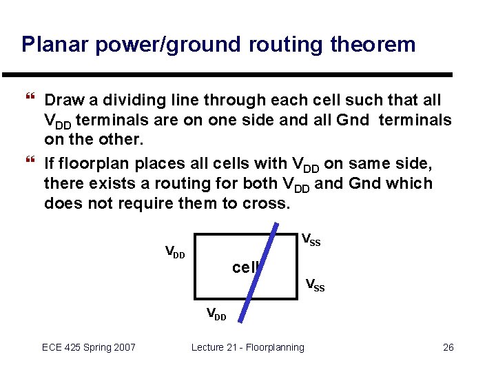 Planar power/ground routing theorem } Draw a dividing line through each cell such that