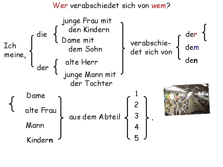 Wer verabschiedet sich von wem? die Ich meine, der junge Frau mit den Kindern