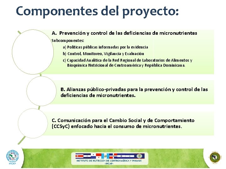 Componentes del proyecto: A. Prevención y control de las deficiencias de micronutrientes Subcomponentes: a)