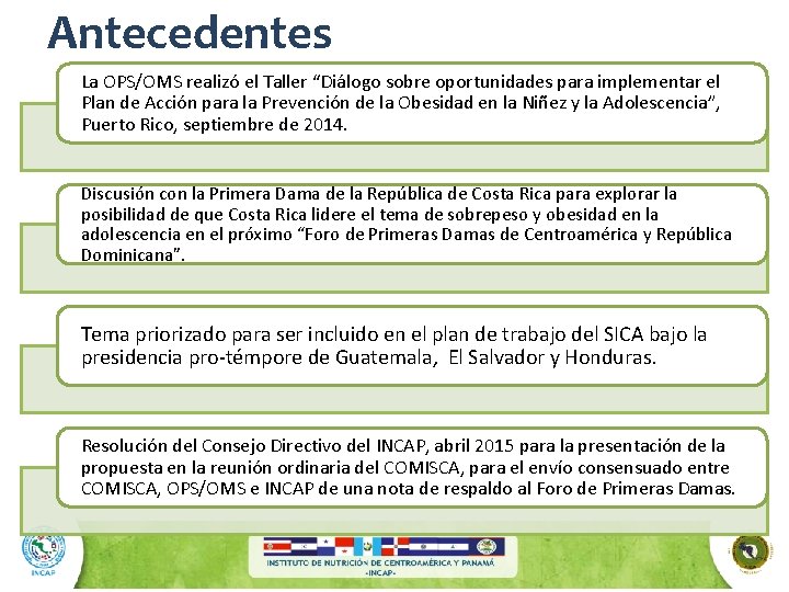 Antecedentes La OPS/OMS realizó el Taller “Diálogo sobre oportunidades para implementar el Plan de