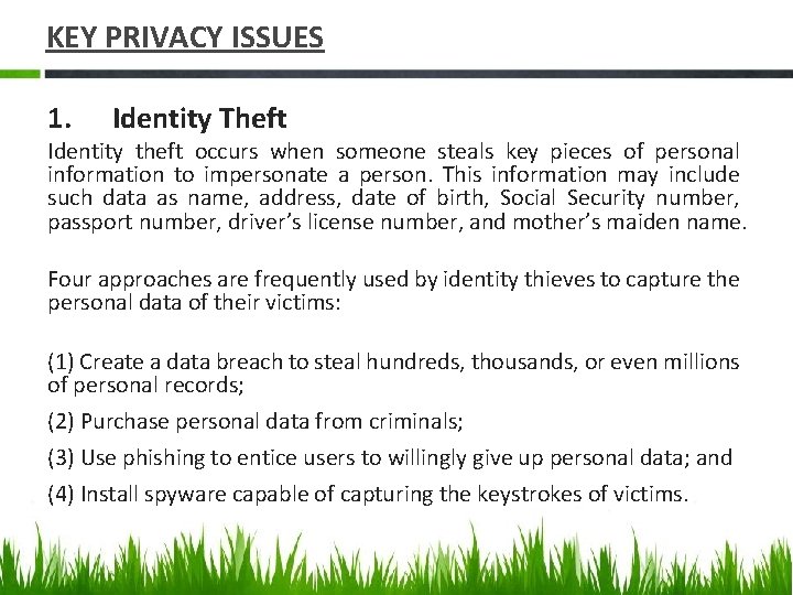 KEY PRIVACY ISSUES 1. Identity Theft Identity theft occurs when someone steals key pieces