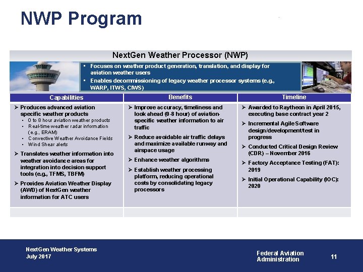 NWP Program Next. Gen Weather Processor (NWP) • Focuses on weather product generation, translation,