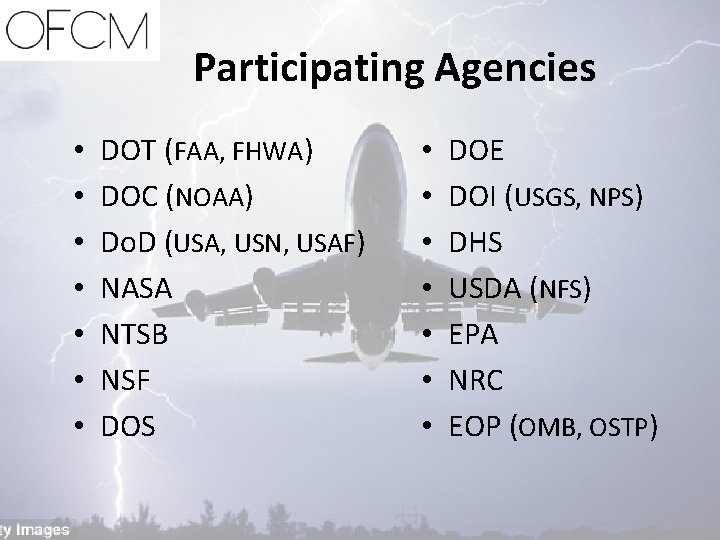 Participating Agencies • • DOT (FAA, FHWA) DOC (NOAA) Do. D (USA, USN, USAF)