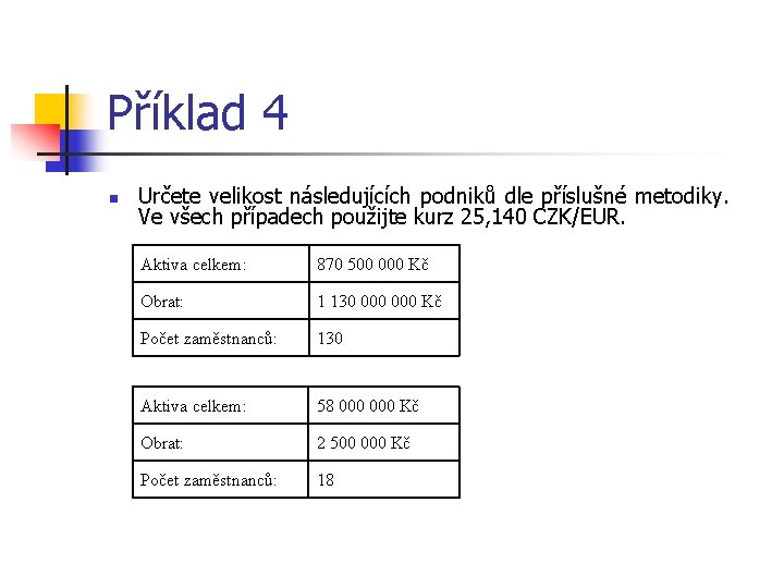 Příklad 4 n Určete velikost následujících podniků dle příslušné metodiky. Ve všech případech použijte