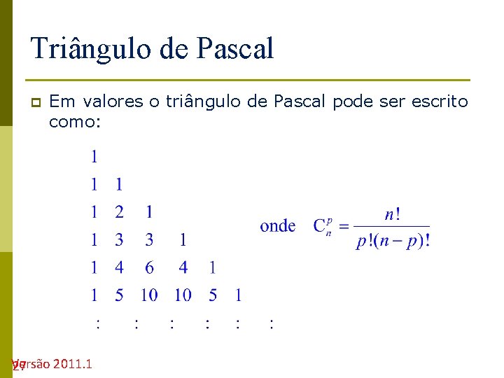 Triângulo de Pascal p Em valores o triângulo de Pascal pode ser escrito como: