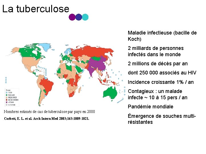 La tuberculose Maladie infectieuse (bacille de Koch) 2 milliards de personnes infectés dans le