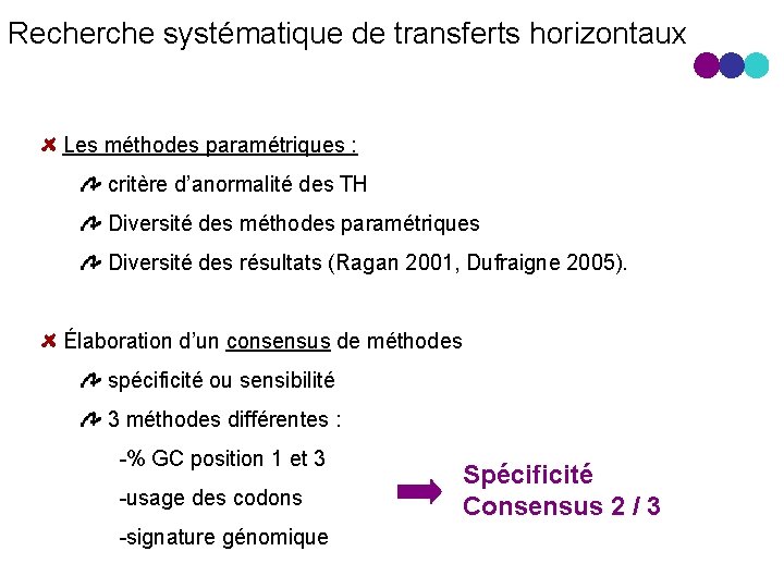 Recherche systématique de transferts horizontaux Les méthodes paramétriques : critère d’anormalité des TH Diversité